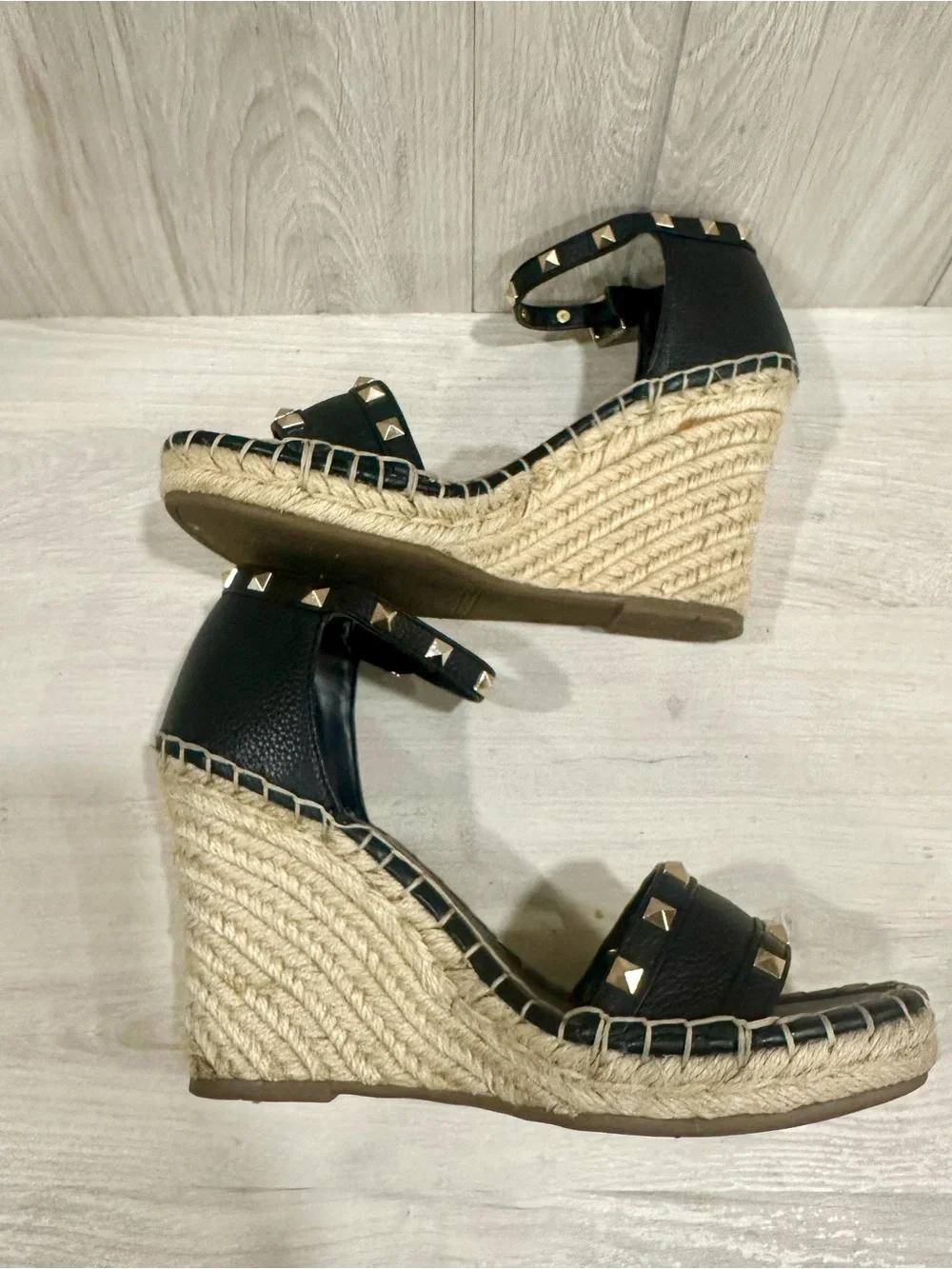 Marc Fisher Black Studded Espadrille Wedge Sandals Size 7 - Picture 6 of 9